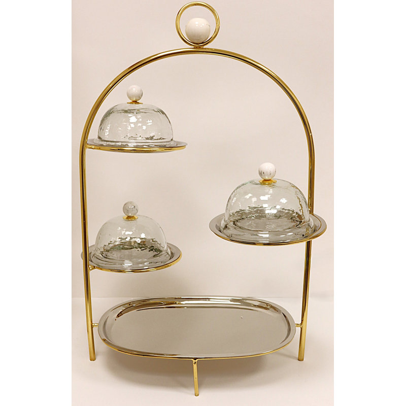 Présentoir à gâteaux multicolore avec cadre doré et boule - H 23,6 po, Or / argent / marbre