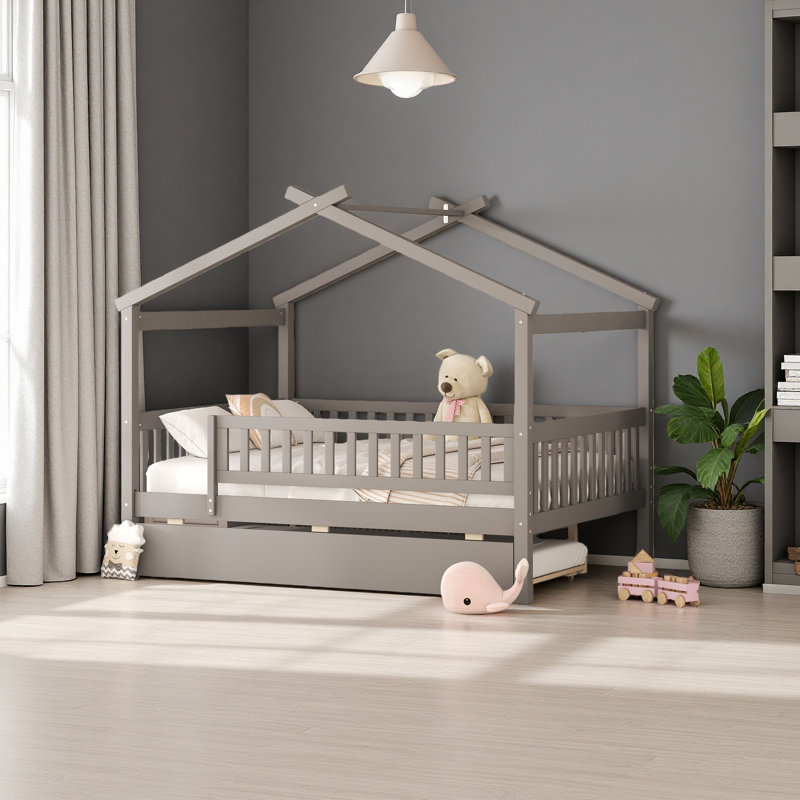 Lit en bois avec lit gigogne simple, Gris, Lit double