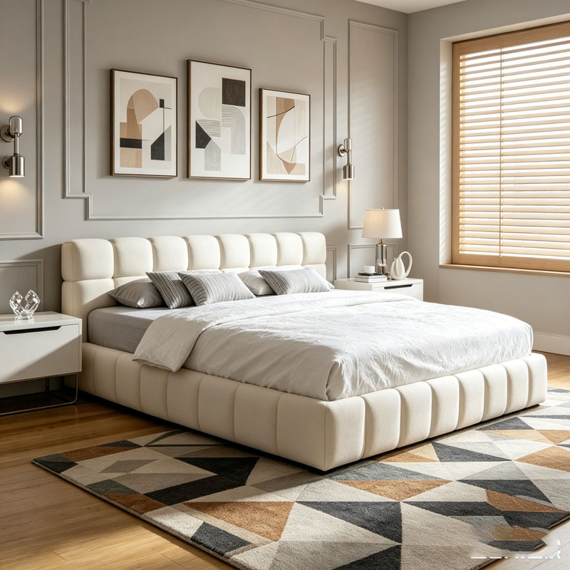 Lit tapissier élégant en chenille beige avec motif damier, Grand lit