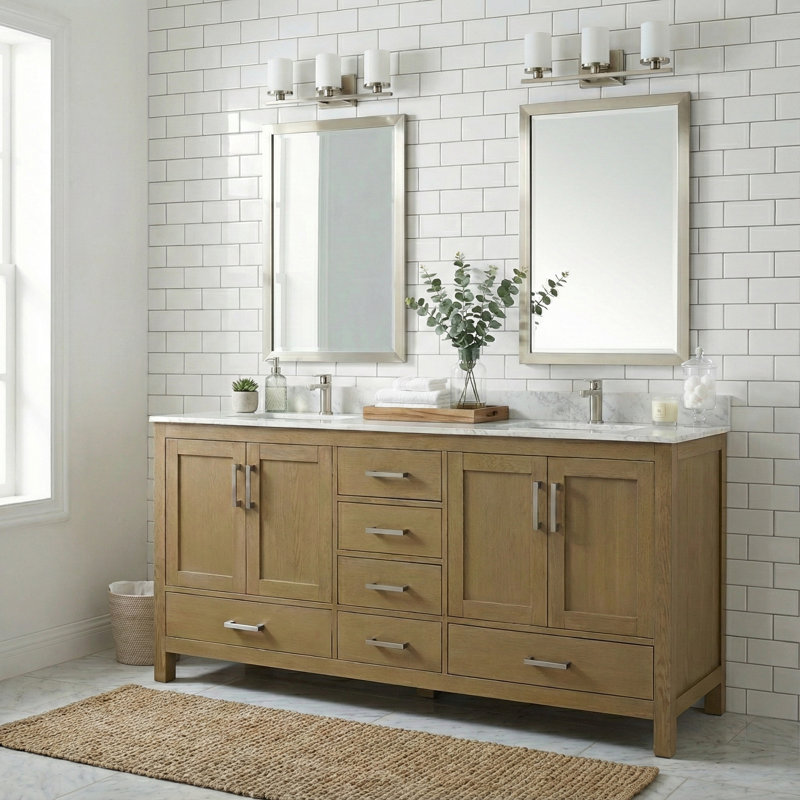Armoire 72 "avec plateau en granite, armoire en bois massif avec double évier Chêne 72", Chêne, 72"