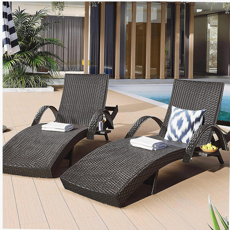 80'' Outdoor Wicker Chaise Lounge Chairs Set of 2, Patio Rattan Reclining Chair Pull-out Side Table Adjustable Backrest Ergonomic Wave Design Pool Sunbathing Recliners, Dark Brown