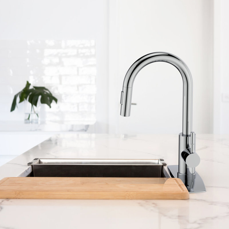 Robinet de cuisine rétractable à poignée simple avec plaque de pont, poignées et conduites d'alimentation, Chrome