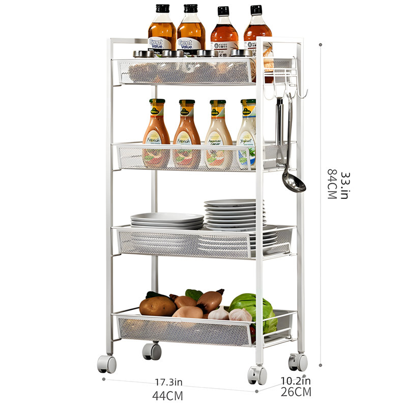 Steel Wire Mesh Utility Cart, 4-Tier Slide Out Shelves Storage Rack On Wheels