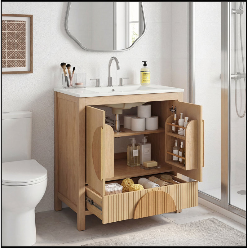 Meuble-lavabo cannelé de 30 pouces avec lavabo, portes à fermeture en douceur, tiroir et rangement ouvert, fabrication en bois massif et en panneau de fibres à densité moyenne