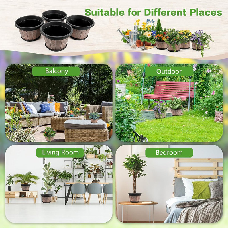 4 Pack 8 Inch Plant Pot,Upgrade Whiskey Barrel Planters W...
