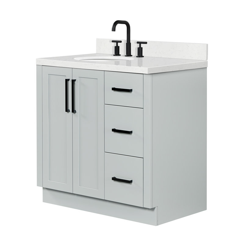 Meuble-lavabo de salle de bain avec lavabo ovale simple décalé à gauche de 91 cm (36 po) et comptoir en quartz blanc de Carrare de 3,8 cm (1,5 po) d'épaisseur, couleur grise.