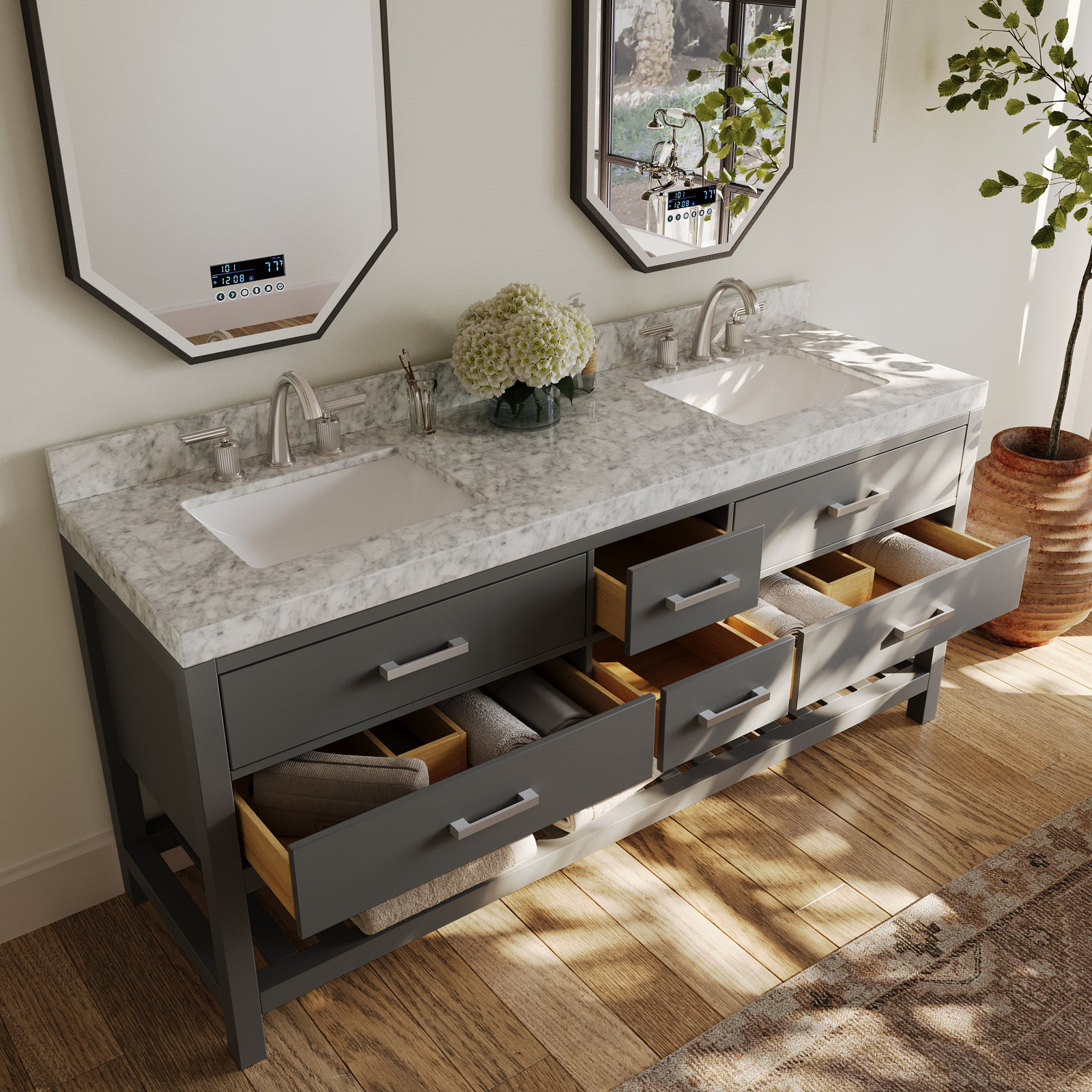 Carrie 72" Carrara Marble Double Bathroom Vanity, Sapphire Gray | Brushed Nickel