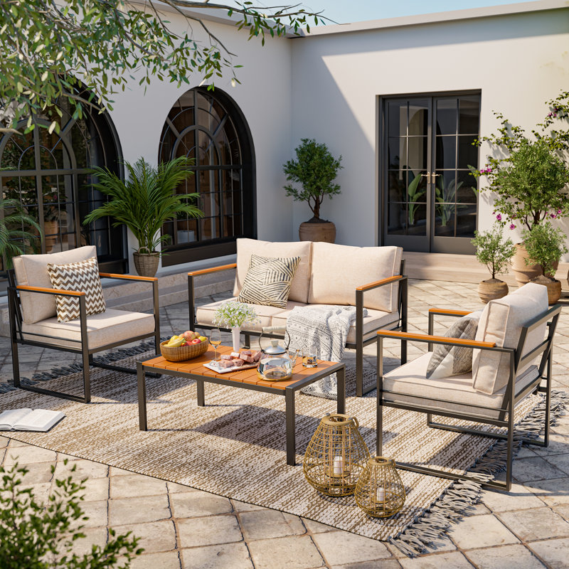 4-Piece Outdoor Furniture Patio Conversation Set with Weather-Resistant Metal Frame, Square shape, 2, Beige