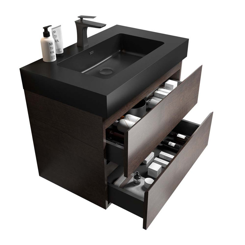 29.9'' Wall Mounted Single Bathroom Vanity with Sink, Walnut/Black