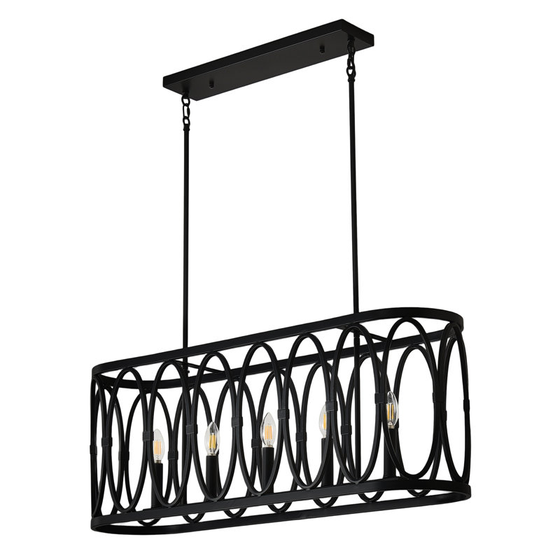 Lustre linéaire rustique en métal à 5 lumières avec anneaux de cuisine, Noir mat