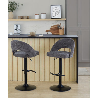 Tabouret de bar réglable avec pivot en métal et tissu foncé avec repose-pieds rond en T - ensemble de 2
