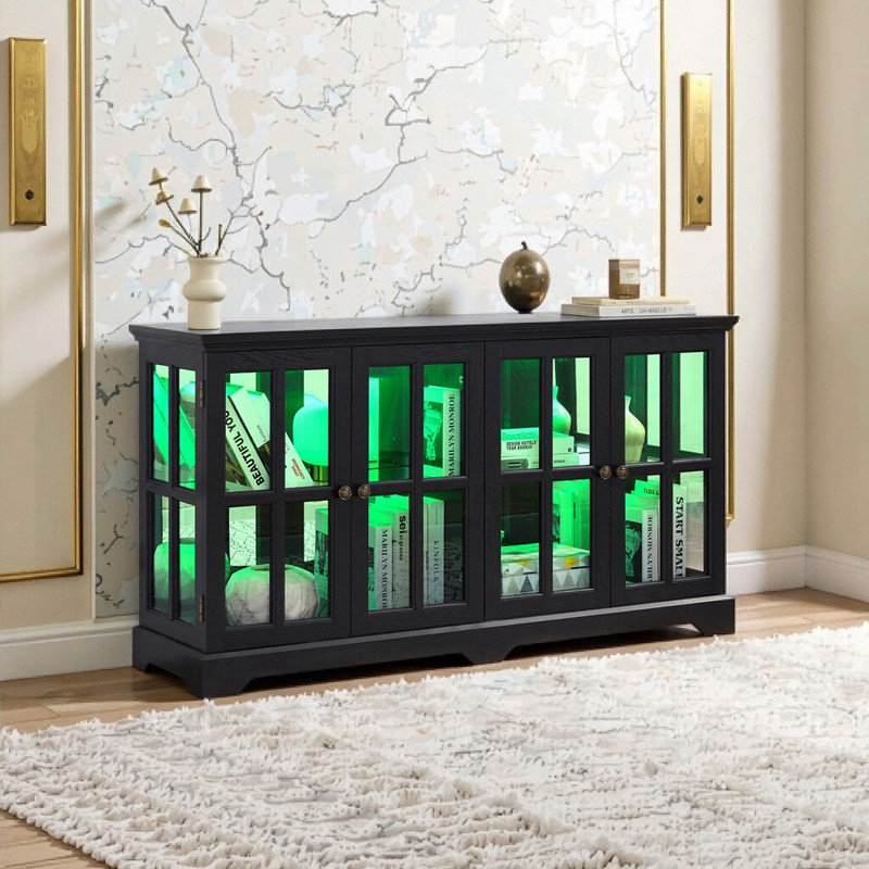 Glass Display Cabinet With Led Lighting Adjustable Glass Shelves Vintage 4-Door Collectible Showcase, Black