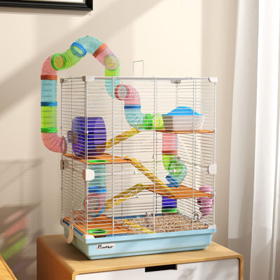 Hamster Cage, Wood / Metal Wire, 1-Pack, 5-Tier, Exercise Wheels, Portable, Light Blue