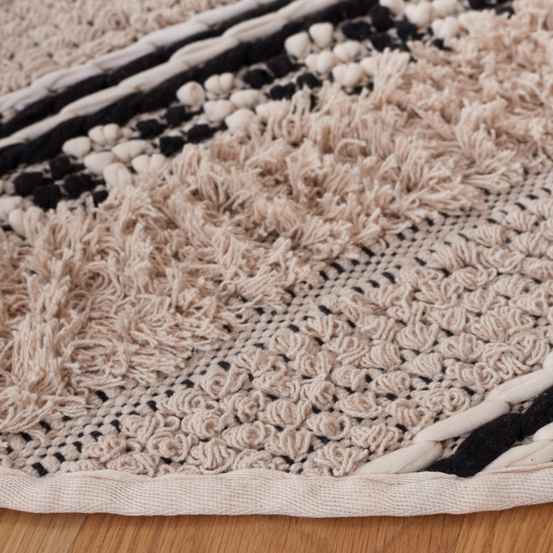 Tapis rayé beige / noir en coton tissé à la main Alva, Rond 6 pi