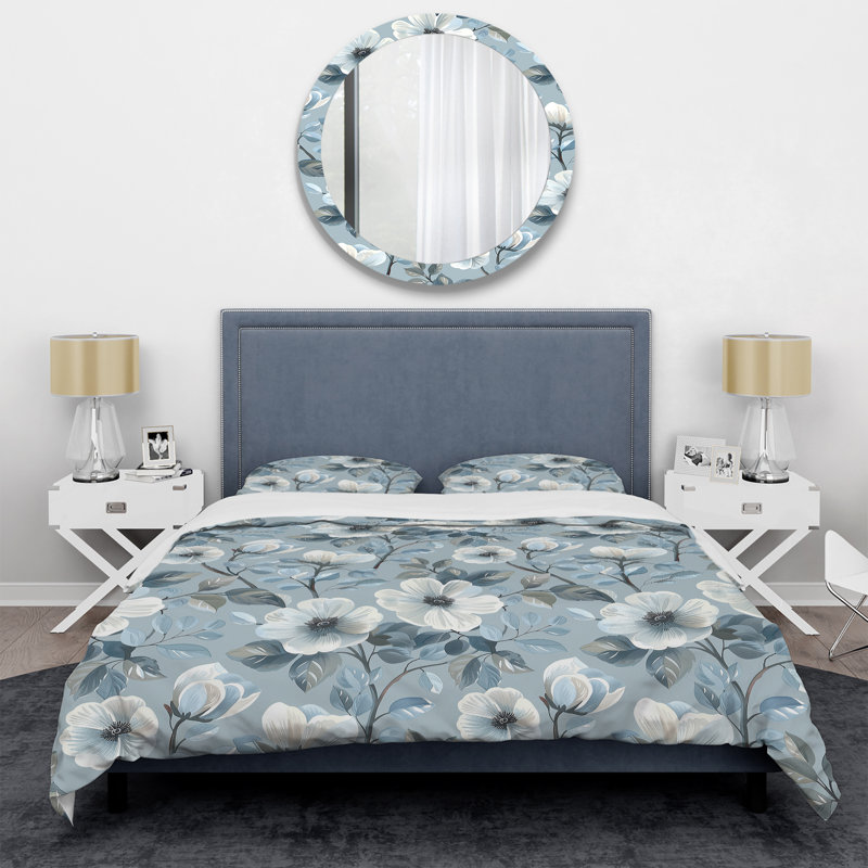 Ensemble de housse de couette transitionnel Blue Silver Floral Gardens IV, Housse de couette très grand et 2 très grandes t