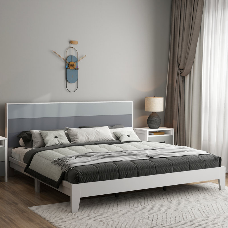 Allyannah Levison Platform Bed With Headboard, King, White/Stone Gray/Cool Gray/Night Owl