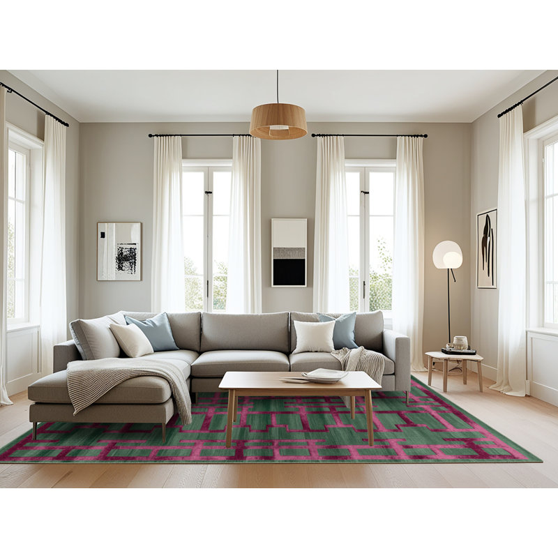 Machine Washable Trellis Green Area Rug, Rectangle 6' x 9'