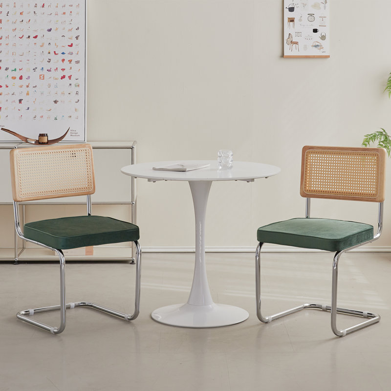 Chairs - Scandinavian Velvet Dining Chair - Rattan Back Chair - Metal Legs, 2, Green