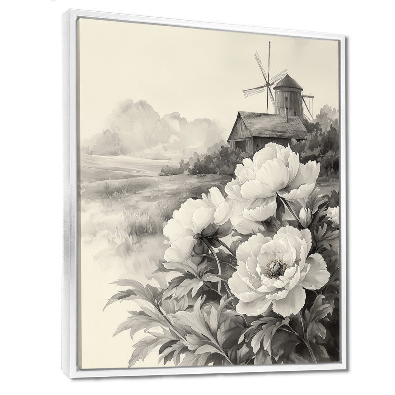 Art mural Eckhoff, pivoines et moulin à vent II - pivoines, H 32 po x l 16 po, Reproduction avec cadre flottant, Blanc