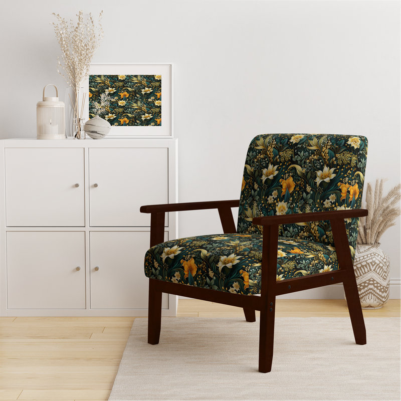 Contemporary Nature Paisley Botanic Pattern - Upholstered Bohemian & Eclectic Accent Arm Chair, Brown Square Arms