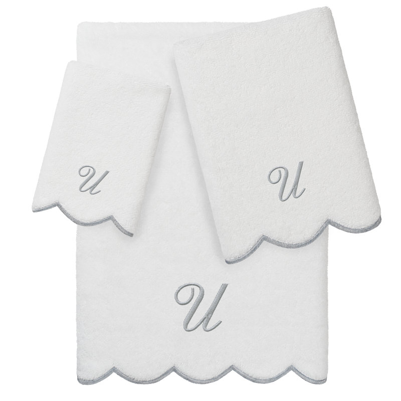  Ensemble de serviettes personnalisées 100% coton ADORNIA, Ensemble 3 serviettes de bain, U, Blanc / Gris
