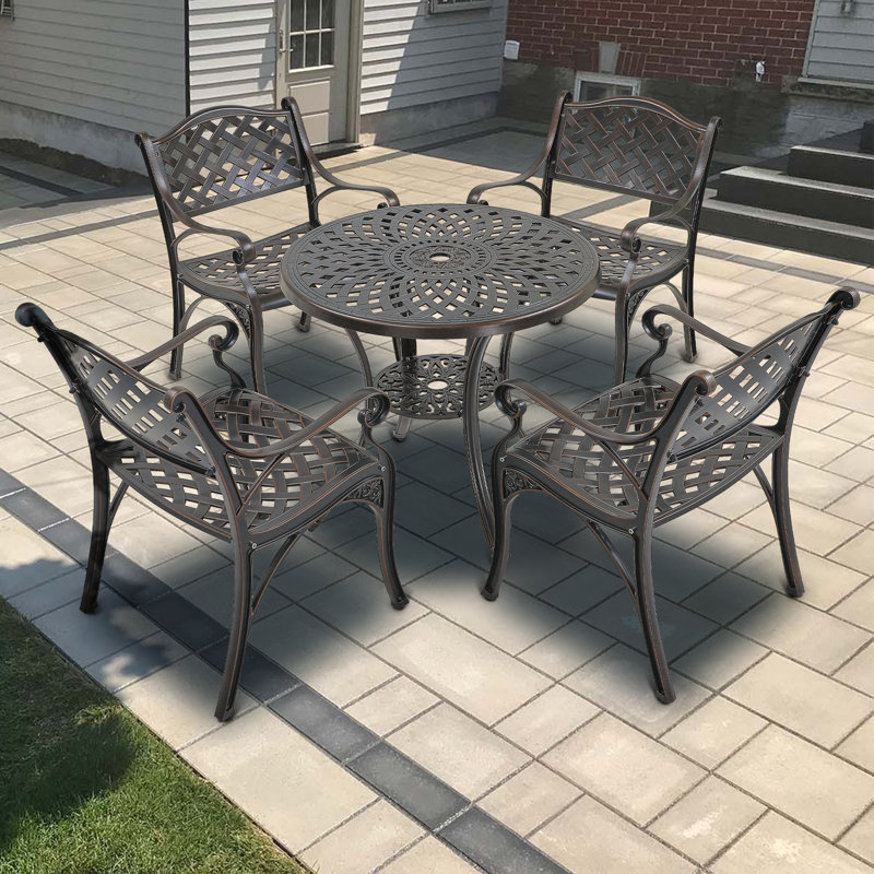 5 - Piece Metal Outdoor Patio Dining Set with Round Table, Bronze