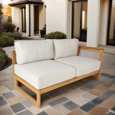 Guzal Acacia Wood Rope Weaving Patio Outdoor Sofa With Cream Cushions by Gracie Oaks