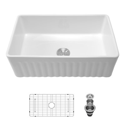 Évier de cuisine à simple cuve en céramique blanche à tablier réversible 33 po L x 18 po