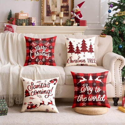 Housses de coussin de Noël à carreaux 40x40 cm, ensemble de 4, rouge et noir, style champêtre, en lin, pour canapé, lit ou fauteuil.