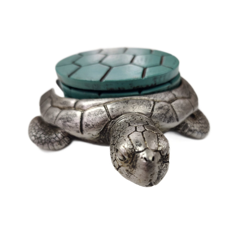Silver Turtle with Turquoise Shell Resin Coaster Set with Holder