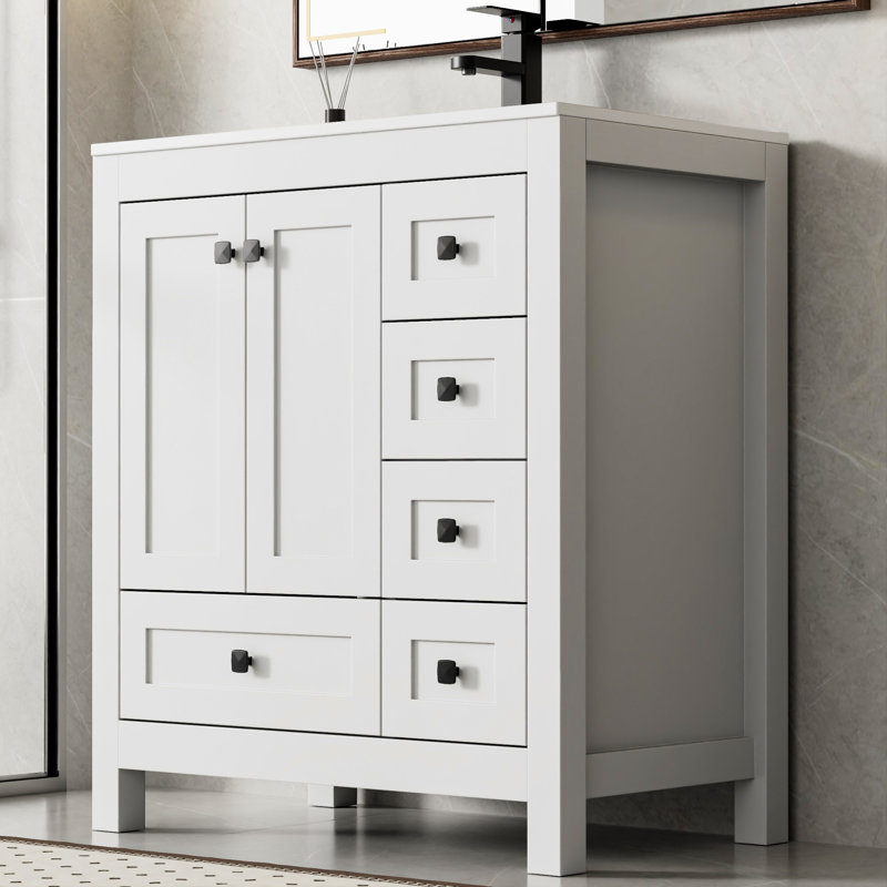 30" Single Bathroom Vanity Set With Resin Sink Top, 20" Medicine Cabinet With Mirrors, Faucet And Drain, White