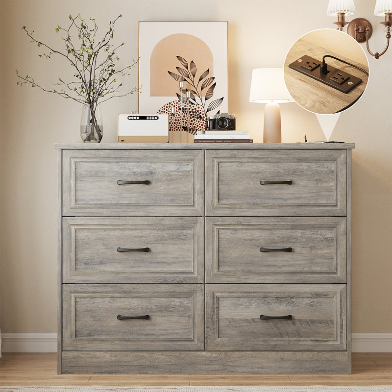 Commode 6 tiroirs avec station de charge pour chambre à coucher, Gris