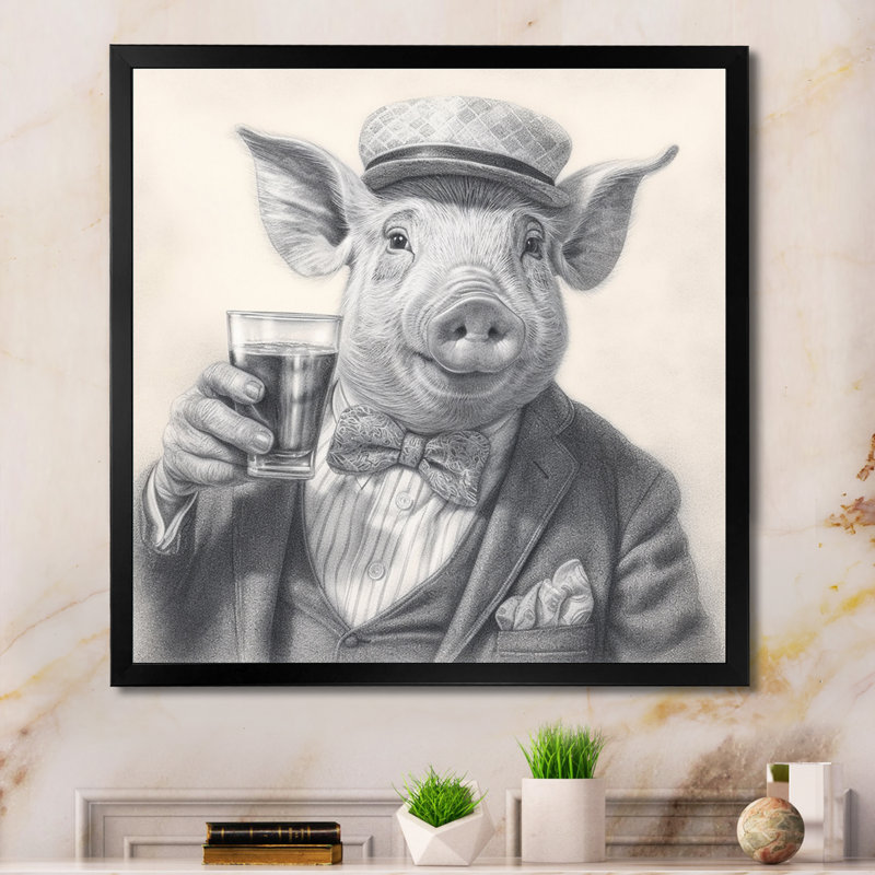 Cochon ayant une boisson II, reproduction d'art sur toile, H 16 po x l 16 po x P 1 po, Cadre simple noir