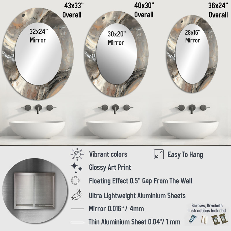 Morning Effervescence I - miroir mural ovale gris, 36 po x 24 po