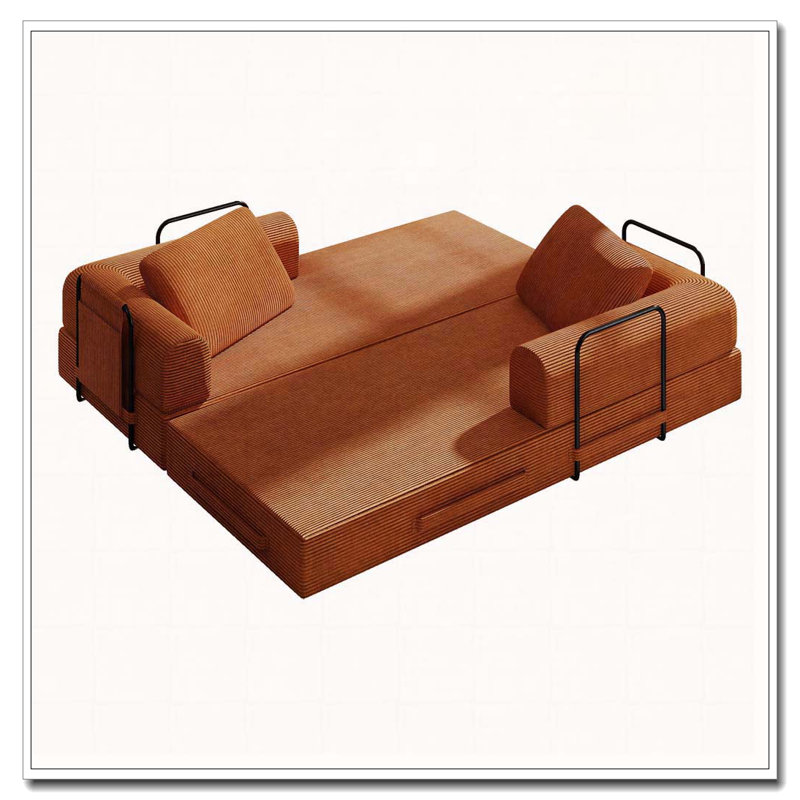 Corduroy Convertible Sleeper Sofa Bed with Cylindrical Pillow, Orange