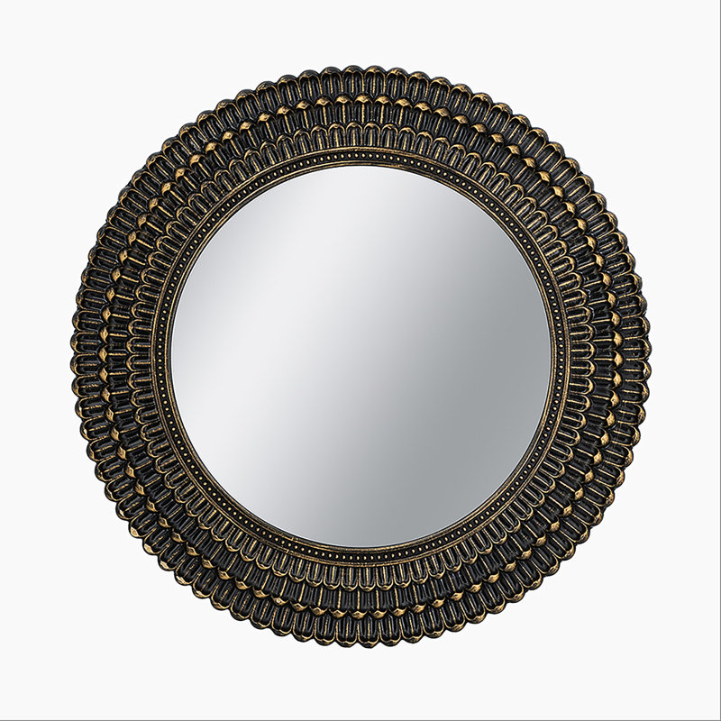 D26.5" Round Black And Gold Wooden Accent Mirror With Woven Texture, 26.5"x 26.5