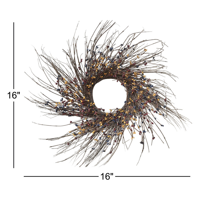 Couronne d'automne à pépins et vignes, H 16 po x l 16 po x P 4 po, Noir / rouille / orange