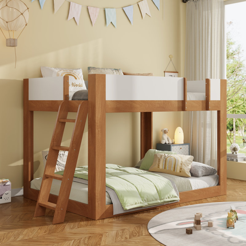 Lit simple superposé simple, lit superposé convertible en bois avec échelle réversible et garde-corps de sécurité, blanc noyer
