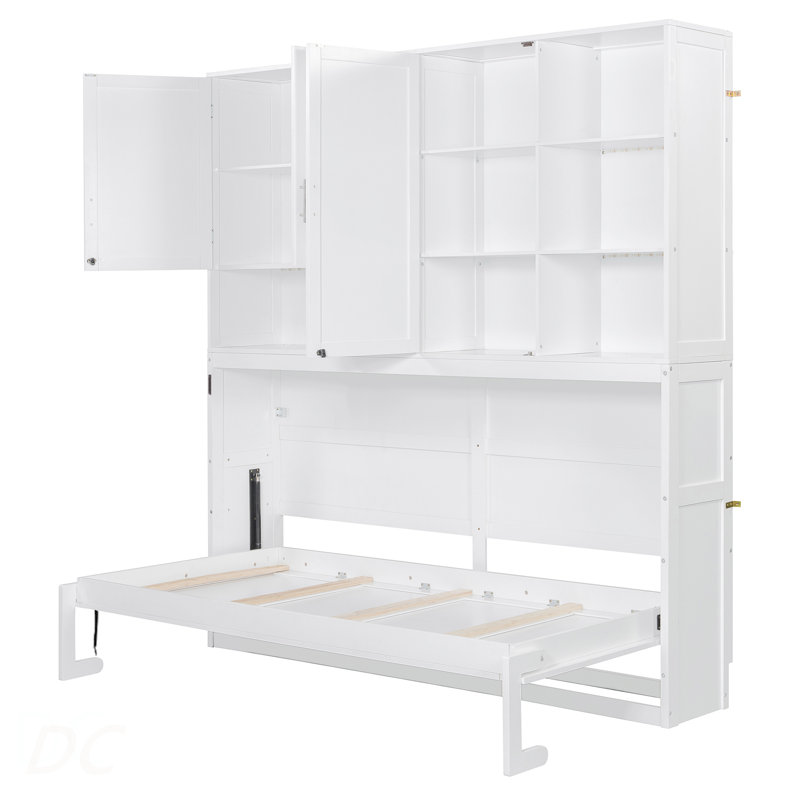 Lit escamotable mural simple avec armoire supérieure, tablettes, lit pliable peu encombrant avec lumière et USB, Blanc