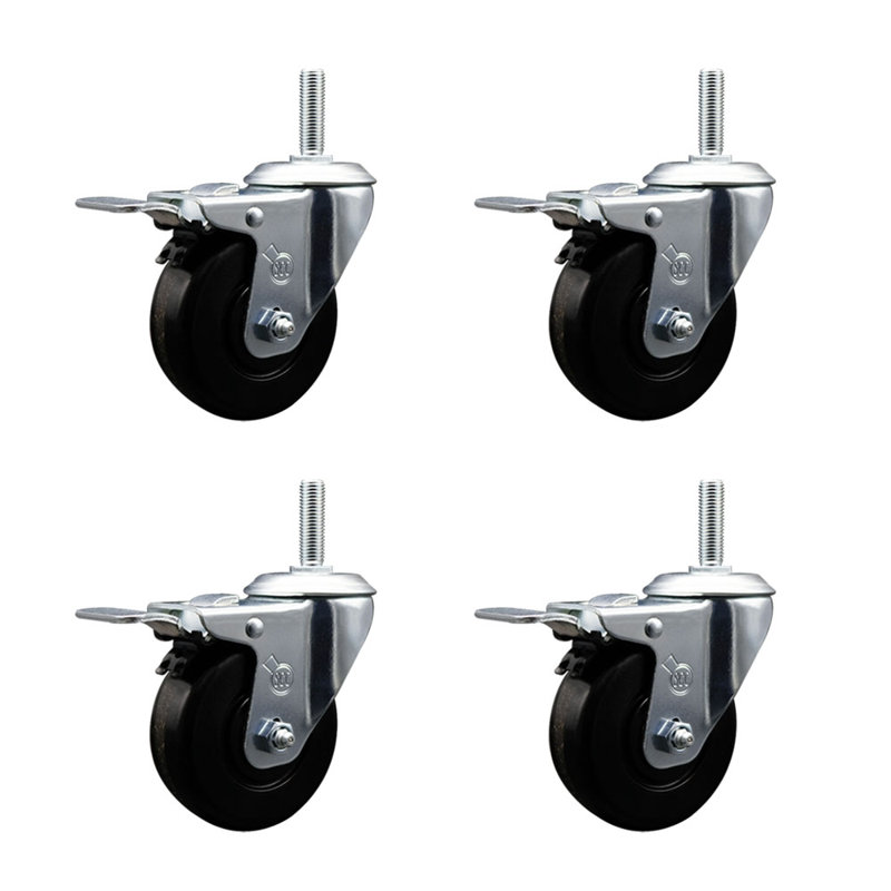 4 Inch Phenolic Swivel 3/4 Inch Threaded Stem Caster Set with Total Lock Brake
