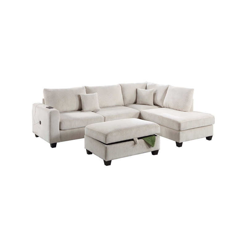 3-Piece Sectional Set W/ Ottoman, Ivory Corduroy