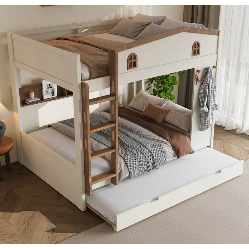 Lit superposé grand avec lit gigogne et tablettes de rangement, lits superposés en bois massif avec crochets, pas de sommier nécessaire, beige et naturel