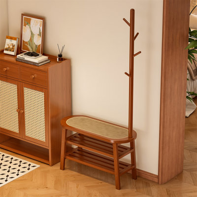 Banc en rotin de bois massif avec portemanteau intégré, rangement à chaussures à plusieurs niveaux et organisateur suspendu pour le vestibule ou le pied de lit de la chambre à coucher