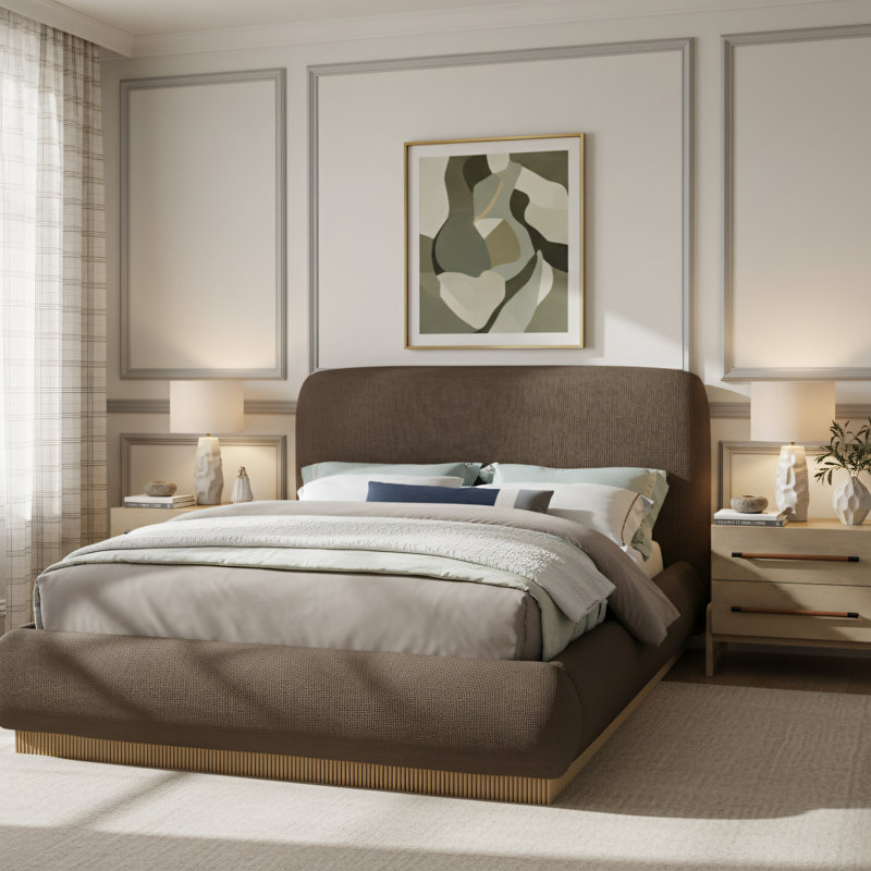 Rigby Upholstered Platform Bed, Brown Linen Textured Fabric, Queen