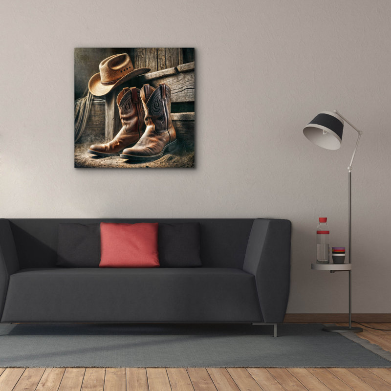 «Wester Style Decor Cowboy bottes and Hat» par Rey Klimt, art mural sur toile, H 37 po x l 37 po