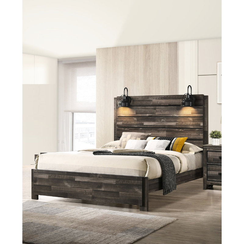 Mobilier de chambre à coucher grand lit - cadre en bois brun avec lumières de tête de lit aspect rustique