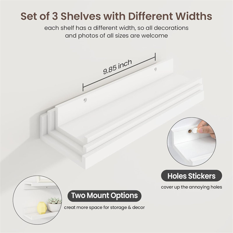 Rustic Floating Shelves Set of 3 with Lip, Picture Ledge Shelf for Nursery, Living Room – Multipurpose Storage Organizer, Bookshelf, & Photo Display Rack White