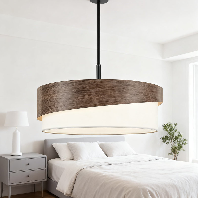 Lustre de ferme 5 lumières avec finition grain de bois et abat-jour en tissu, luminaire suspendu tambour réglable pour la salle à manger, le salon, la chambre à coucher, le vestibule et la cuisine