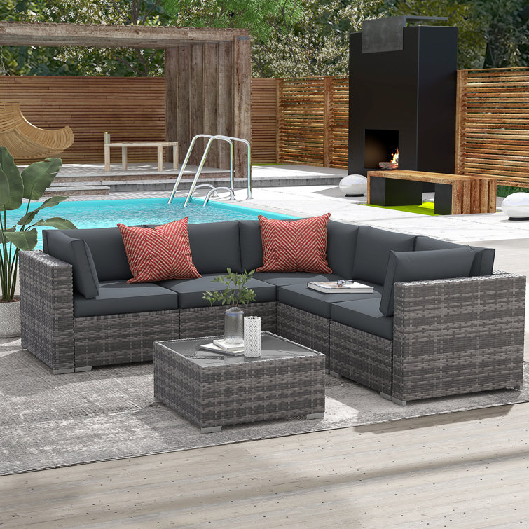Ensemble de conversation modulaire en rotin avec coussins 6 pièces Alexaundra