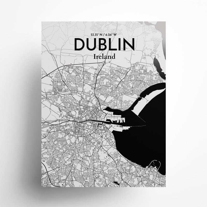 «Dublin City Map», impression de luxe, H 24 po x l 18 po, Noir / blanc